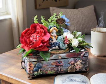 Alice in Wonderland Jewelry Box, Handmade Decoupage Keepsake Chest with Cheshire Cat, White Rabbit Talkative Roses