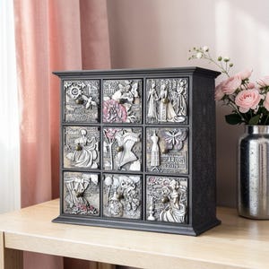 Apothecary Cabinet Moody Dark Floral Jewelry Organizer Vintage Illustration Drawer Chest Gothic Maximalist Storage, Tarot Card Cabinet Decor