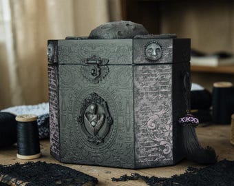 Sewing Box Large wooden box for needlework Gothic Home decor Black Lunar cycle Witch box for jewelry Skeleton with wings Sewing storage