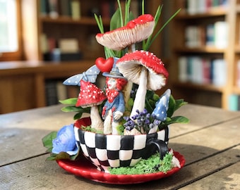 Alice in Wonderland Mad Hatter Floral Centerpiece, Teacup Mushroom Decor, Tea Party Table Display