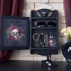 Gothic Home decor Black Wall key storage Witchcraft Box Occultist&#39;s Cabinet Mystery Key Holder bat skull box horror decor Key Skeleton Box