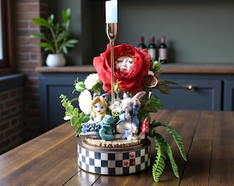 Alice in Wonderland Candle Holder, White Rabbit Cheshire Cat Centerpiece, Whimsical Tea Party Decor, Fantasy Display, Queen of Hearts Roses