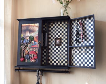 Large bathroom Wall Cabinet with Mirror Alice in Wonderland – 3D Mushroom Scene Jewelry Organizer with 59 Hooks