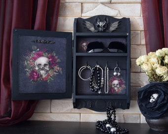 Gothic Home decor Black Wall key storage Witchcraft Box Occultist's Cabinet Mystery Key Holder bat skull box horror decor Key Skeleton Box