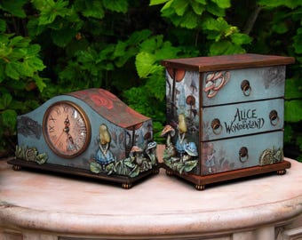 Set Alice in Wonderland Jewelry Organizer Desk Clock Mini Dresser Alice Decor Mushroom Fantasy Storage Cabinet Handmade Wonderland Gift