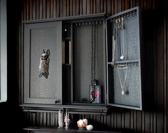 Gothic Wall Jewelry Cabinet, Bat Jewelry Organizer with Mirror, Dark Academia Jewelry Armoire, Wall Necklace Holder, Gothic Home Decor