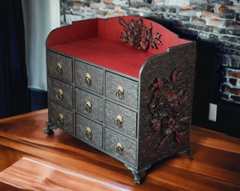 Regalo para ella Botiquín grande negro y rojo Caja para anillos con peonías Flores rojo oscuro Tocador gótico Organizador de joyas Tocadores con rosas