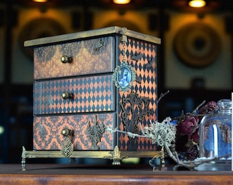 Halloween Jewelry Box Gothic Mini Dresser, Spooky Storage Organizer with Bats, Spiders and Corpse Bride, Haunted Gothic Decor Gift