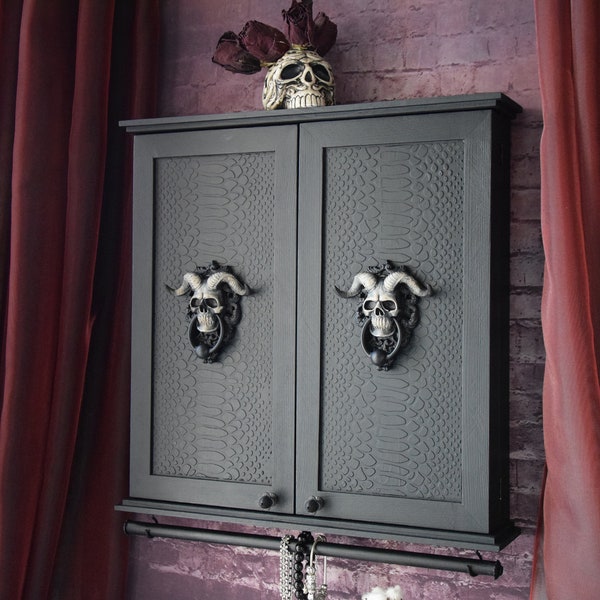Gothic Home decor Jewelry Wall Cabinet Victorian Skull with horns Wall mounted jewelry storage with doors Skeleton Black bathroom cabinet