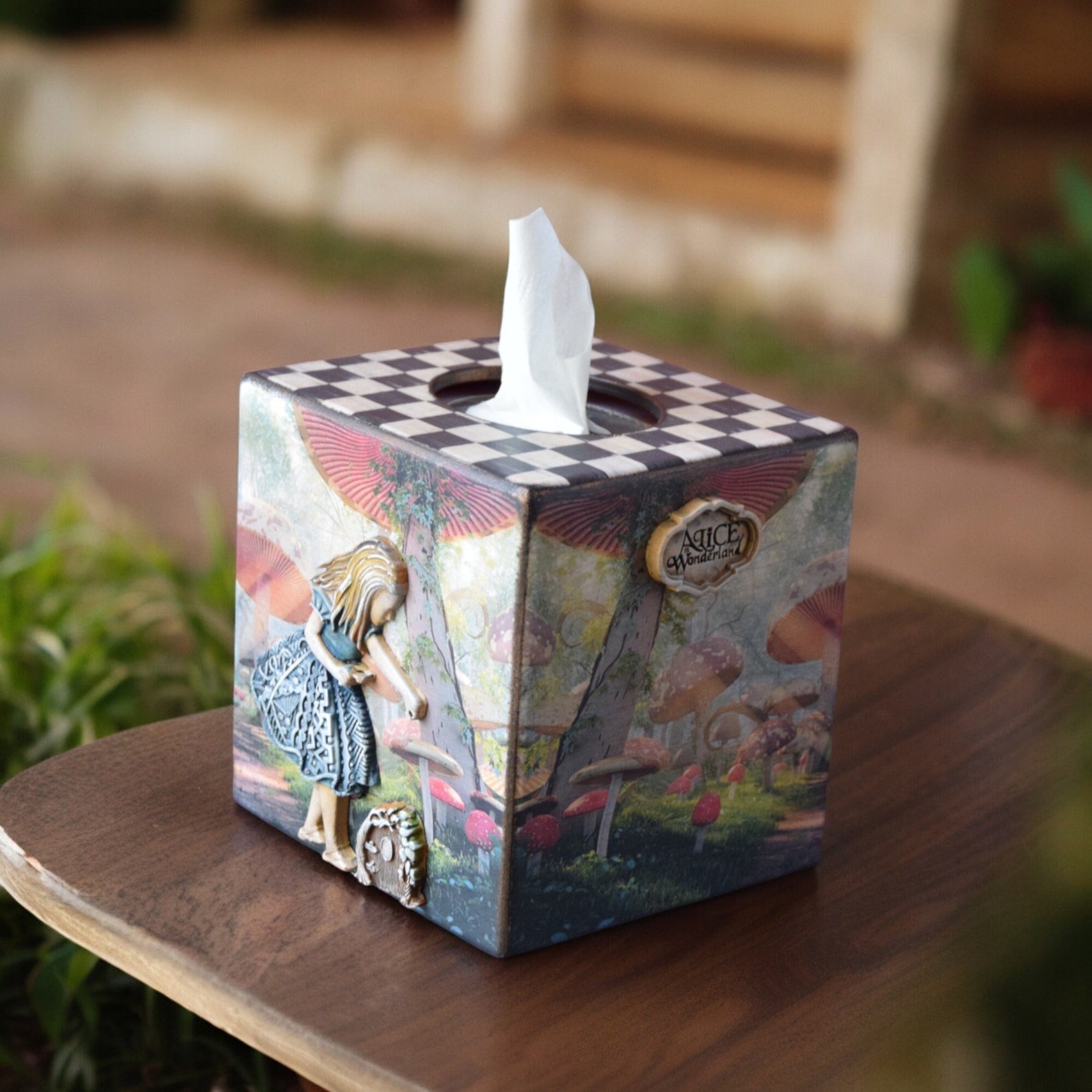 Tissue Box Cover Alice in Wonderland Wooden box for napkins square Storage Box Cheshire Cat Storing paper napkins Mushrooms and flowers