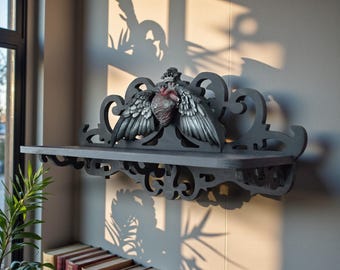 Gothic Wall Shelf – Black Alchemical Decor with Raven Wings and Red Heart, Dark Academia Style