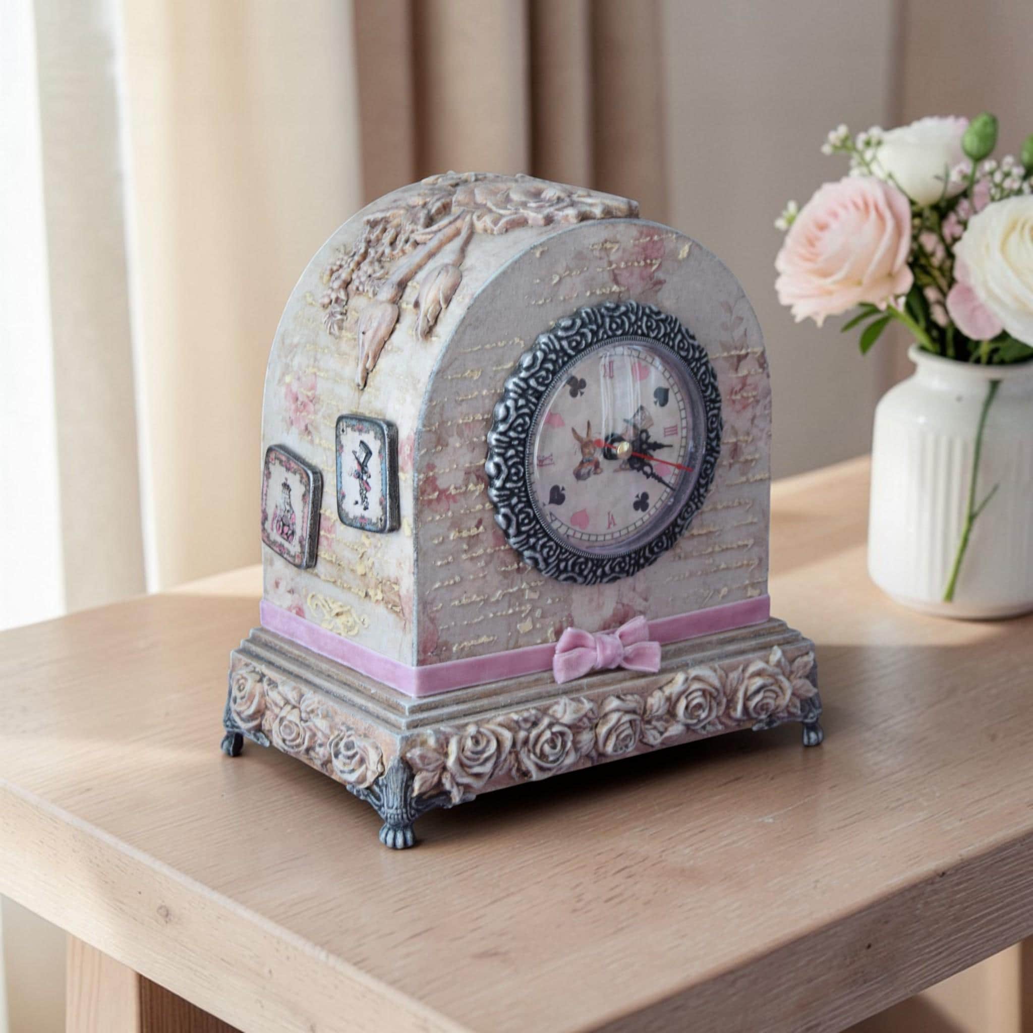 Alice in Wonderland Mantel Clock With Secret Drawer, Fantasy Table