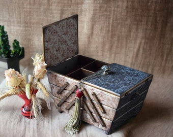 Sewing Box Large sewing box with imitation oxidized bronze Wood storage box for jewelry fold out box for craft Casket for needlework