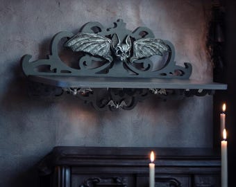 Gothic Black Wall Shelf with Skull and Bat Wings – Carved Wooden Whimsigoth Decor | Spooky Halloween Home Gift