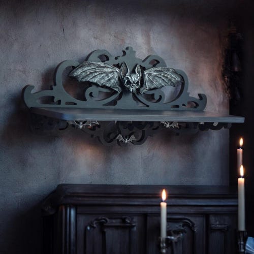 Gothic Black Wall Shelf with Skull and Bat Wings – Carved Wooden Whimsigoth Decor | Spooky Halloween Home Gift