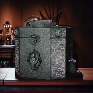 Gothic Home decor Black Lunar cycle Witch box for jewelry Skeleton with wings Big Box for needlework Sewing storage Large skeleton box