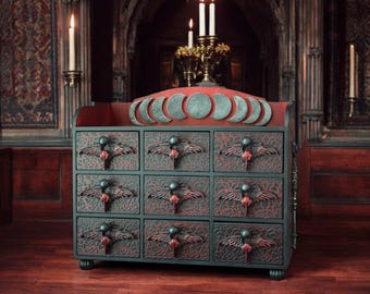 Gift for Him Raven Skull Wings Apothecary Cabinet Gothic Furniture Witchcraft box Mystery jewelry organizer Horror decor Lunar cycle