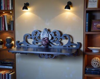 Dark Academia Wall Shelf – Black Gothic Shelf with Flaming Red Heart and Barbed Wire, Symbolic Wall Art Decor