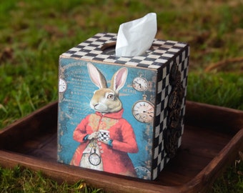 Box for napkins Alice in Wonderland Tissue Box Cover Square Napkin holder for kitchen bedroom Storing paper napkins White Rabbit Tea party