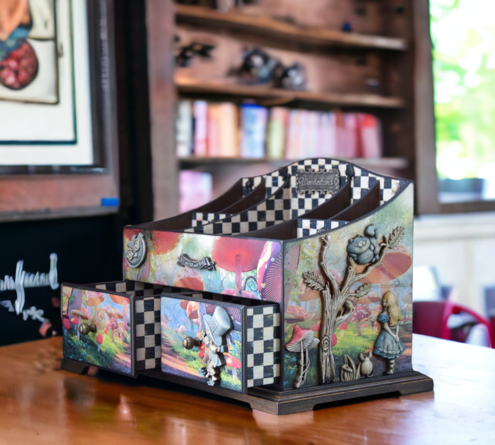 Alice in Wonderland Makeup Organizer with drawers Cheshire Cat Makeup Storage