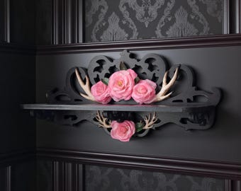 Gothic wall shelf with horns and roses made of cold porcelain – Handmade Dark Romantic Decor, Whimsigoth Home Decor, Maximalist details