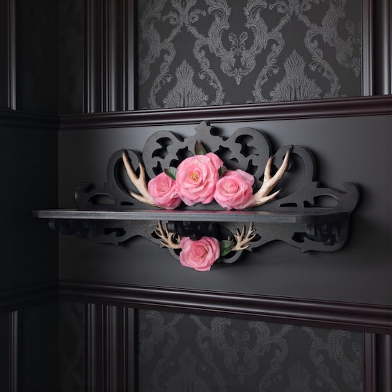 Gothic Wall Shelf With Horns and Roses Made of Cold Porcelain