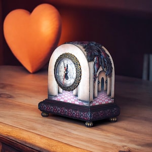 Alice in Wonderland Jewelry Box with Red Flowers Table Clock Whimsical furniture Tea time mantel clock Jewelry Organizer Queen of Hearts