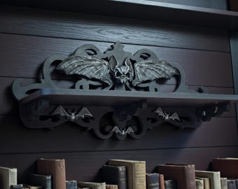 Gothic Bat Wall Shelf – Black Carved Shelf with 3D Bat Skulls and Wings for Dark Home or Halloween Decor