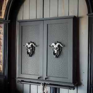 May include: A black cabinet with two doors, each featuring a skull-shaped door knocker with horns. The cabinet doors have a textured, snake-skin pattern.