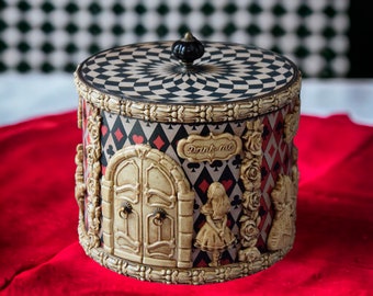 Large Round wooden sewing box Alice in Wonderland Queen of Hearts Jewelry box Storage Box Sewing organizer Tea Party Mad Hatter White bunny