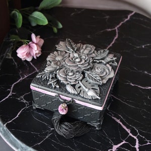 Floral Jewelry Box: Square Dark Casket with Silver & Pink Flowers