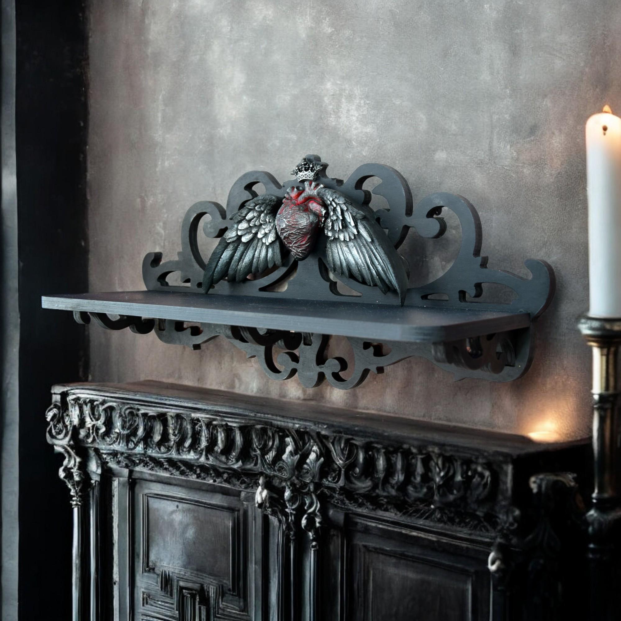 Gothic Wall Shelf – Black Alchemical Decor With Raven Wings and