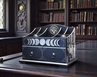 Gothic Desk Organizer with Drawers – Raven & Moon Cycle Storage Box, Edgar Allan Poe Inspired Vanity Organizer, Dark Home Decor