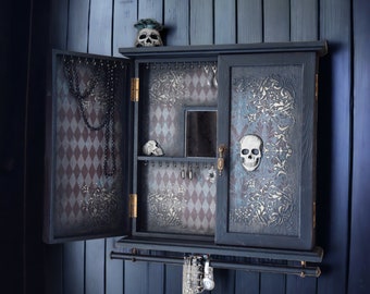 Wall Cabinet Gothic with doors Home decor skull decor Skeleton personalized Earrings holder Wall mounted organizer Stand Sugar Skull box