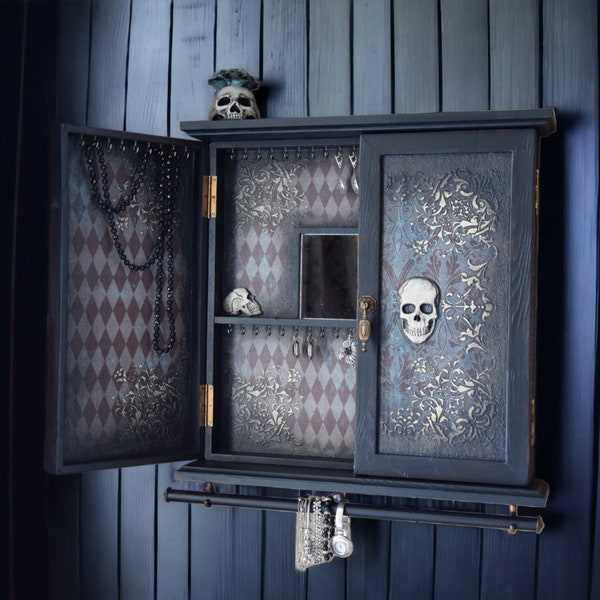 Wall Cabinet Gothic with doors Home decor skull decor Skeleton personalized Earrings holder Wall mounted organizer Stand Sugar Skull box