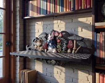 Alice in Wonderland Wall Shelf – 3D White Rabbit Scene, Checkerboard Decor, Fairy Tale Wall Art, Wonderland Gift for Book Lovers