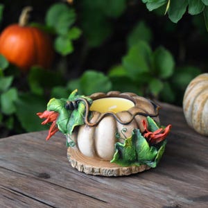Hand-Painted White Pumpkin Tea Light Holder: Autumn Halloween Decor