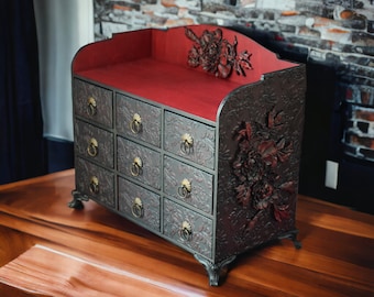 Gabinete de boticario con peonías rojas Organizador de cajones Joyero de madera Tocador gótico Rosas Almacenamiento de maquillaje Mueble de encimera gótico