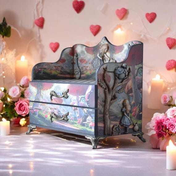 mini dresser for jewelry White Mini Dresser Jewelry Box Chest Drawers Floral Lid Mirror Brass Feet/Pulls