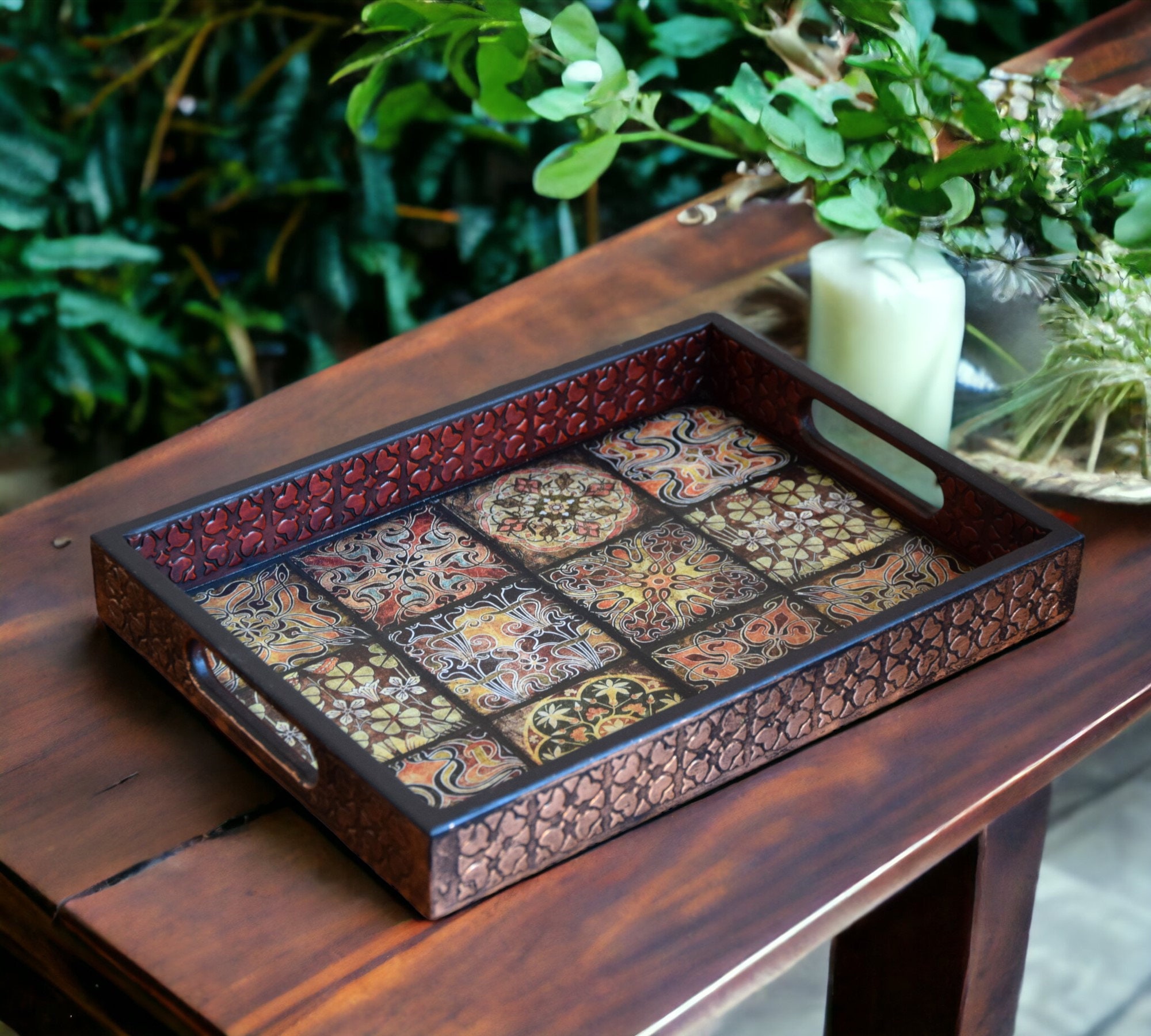 Gift for Her Talavera Mexican Tile Serving Tray Wooden Serving
