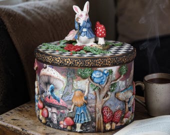 Alice in Wonderland Jewelry Box – 3D Round Wooden Box with White Rabbit, Gift for Kids, Cheshire Cat and Mushrooms | Fairy Tale
