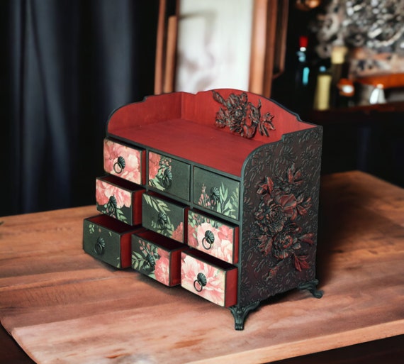 Gift for Her Black red Large apothecary cabinet Peonies Ring box dark red flowers Gothic dressing table Jewelry organizer Roses dressers