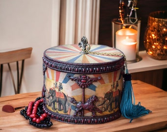 Gift for her Large wooden round box with circus carousel horses elephants for storing small items jewelry needlework threads Old Fashioned