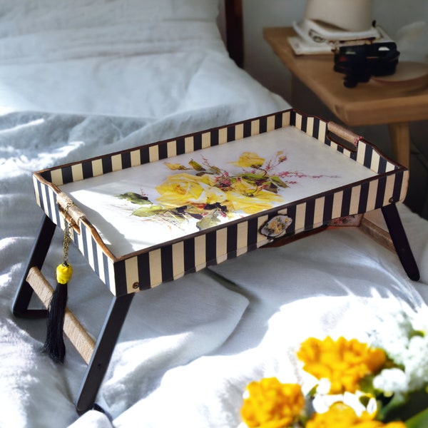 Old Fashioned Wooden bed tray floral design Morning coffee trays Folding Tray with legs Breakfast Yellow flowers Personalized coffee table