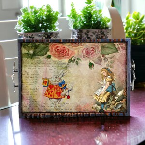 Alice in Wonderland Wood Serving Tray Breakfast coffee table tea Home kitchen decor nursery decor twisted wonderland host or hostess gifts