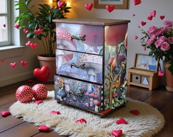Alice in Wonderland Dresser, Large Fantasy Chest of Drawers with White Rabbit and Cheshire Cat, Decorative Storage Furniture