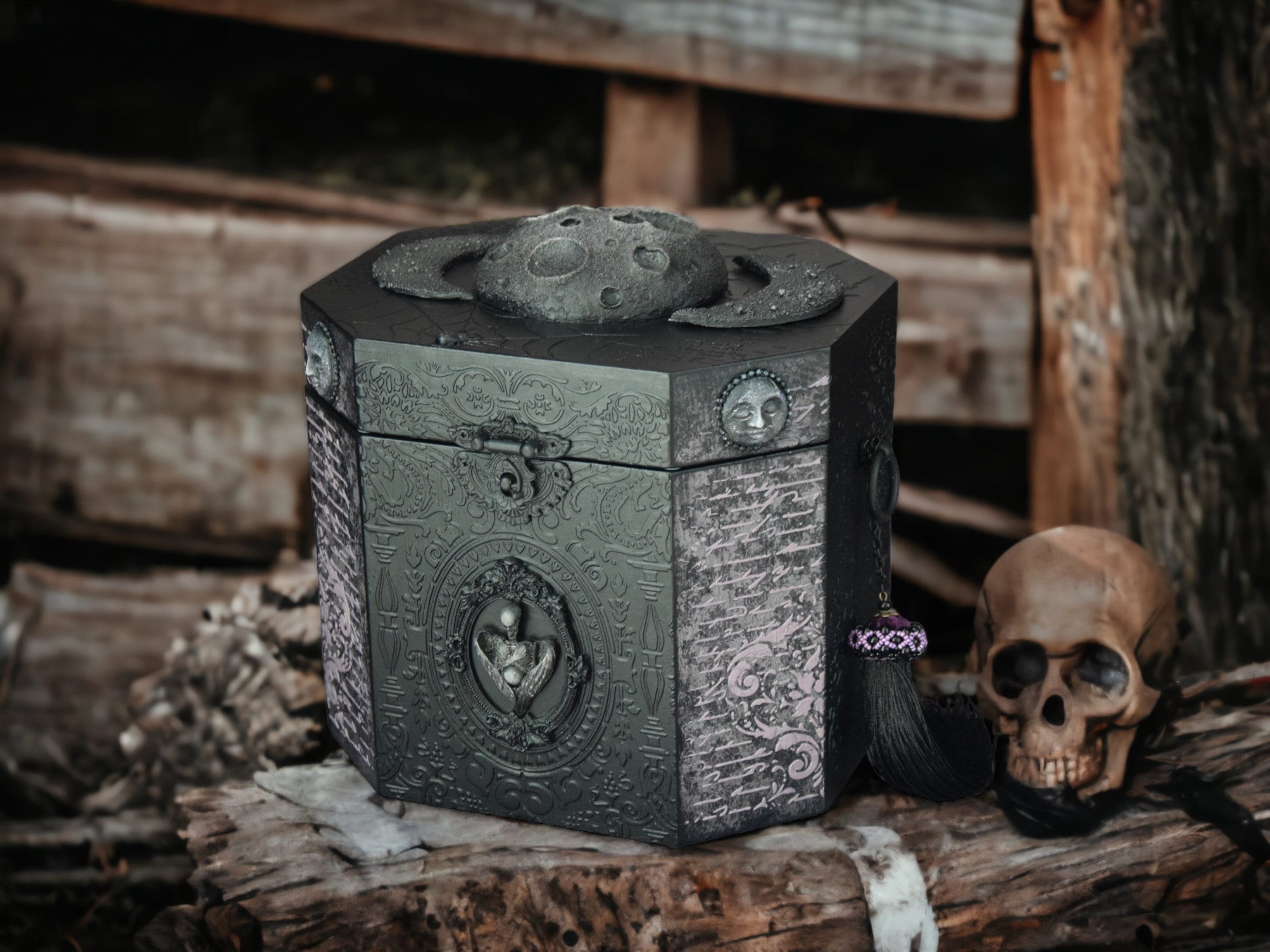 Sewing Box Large wooden box for needlework Gothic Home decor Black Lunar cycle Witch box for jewelry Skeleton with wings Sewing storage