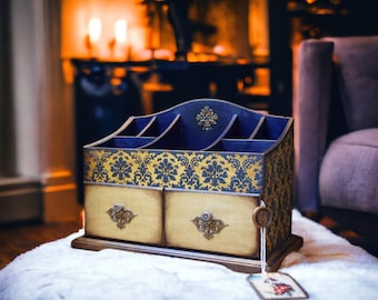 Gift for her Makeup organizer for vanity table Makeup storage Big Jewelry Box Large blue Makeup brush holder Dresser Mini chest of drawers