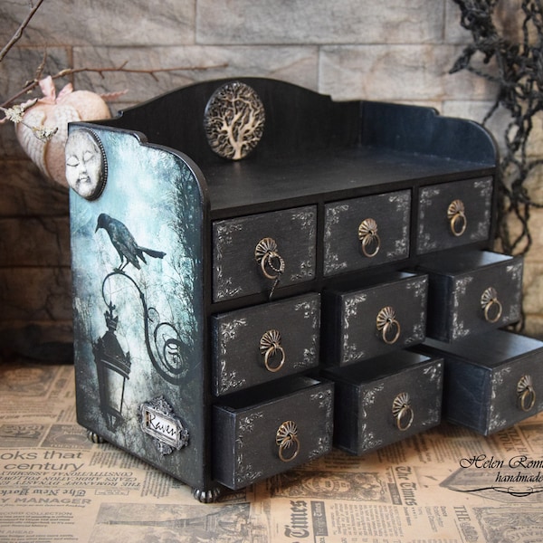 Gift for Him Gothic Furniture Raven Dresser Cabinet Witchcraft jewelry box Edgar Allan Poe Mystery Storage jewelry Organizer with Drawers