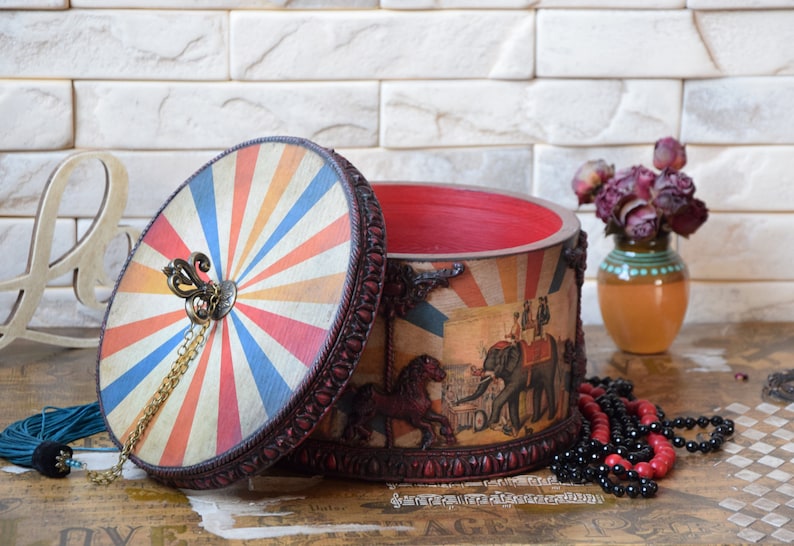 Big Vintage circus wood sewing Box Carousel Box for needlework Etsy
